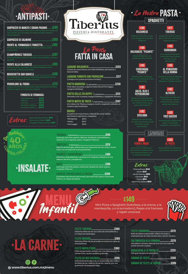 Tiberius pizzeria restaurant menu with antipasti, pasta, salads, kids menu, and meat dishes with prices