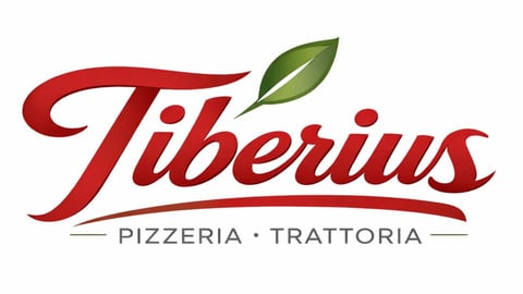 Tiberius Pizzeria Trattoria logo with red cursive text and green leaf accent