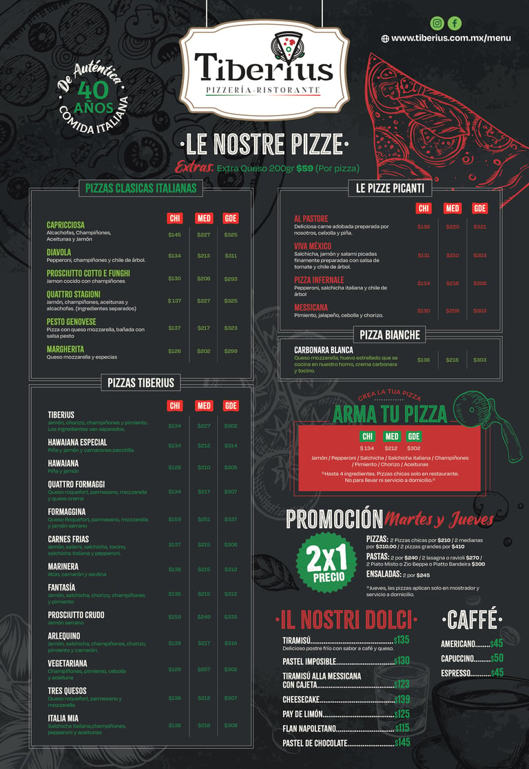 Tiberius Pizzeria Restaurant menu featuring classic Italian pizzas, Tiberius specialty pizzas, and promotion details on dark background